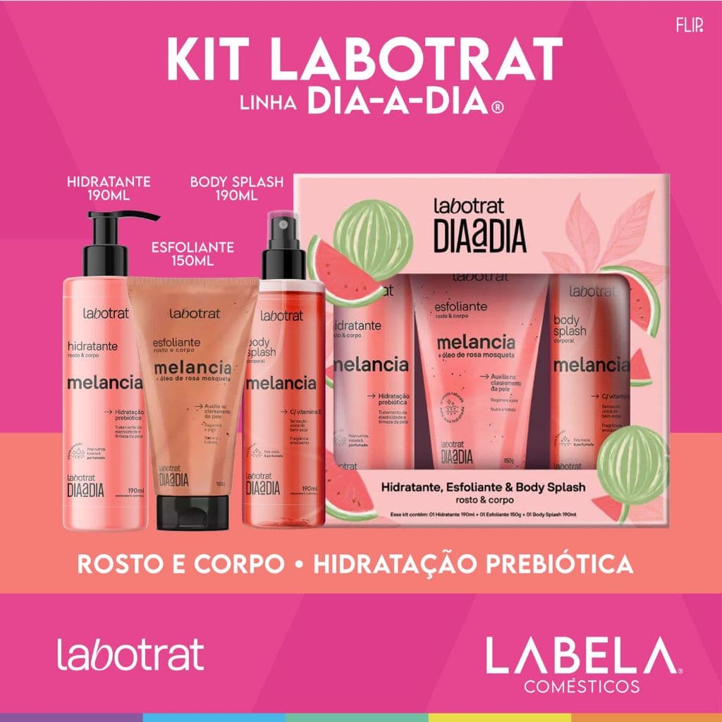 Kit Labotrat dia a dia Hidratante + Esfoliante + Body Splash – Sabores Pistache Hibisco Cereja Pitaya Melancia