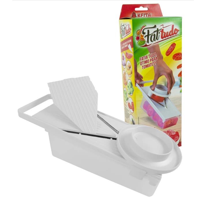 Fatiador Multiuso com Recipiente Coletor, regulador de espessura de corte, protetor com dentes que mantém o alimento mai