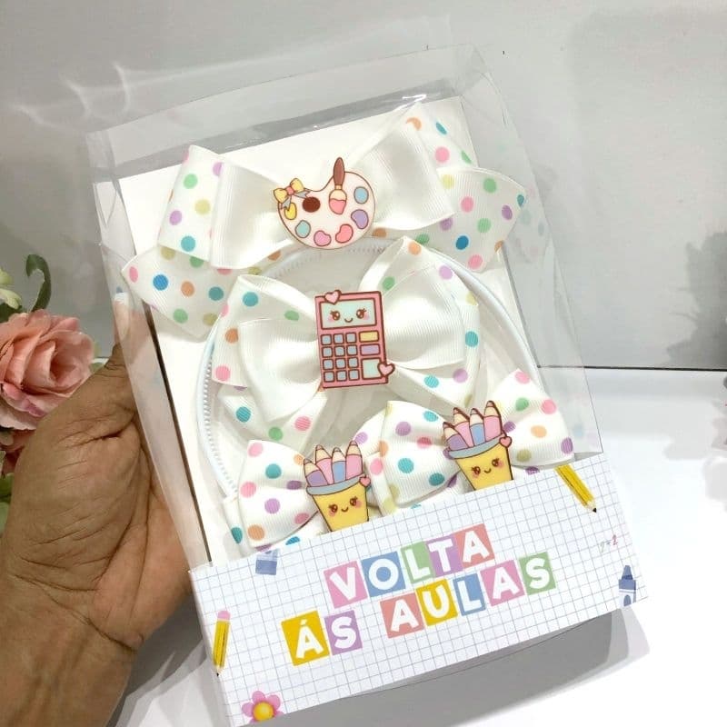 kit laços escolares infantil (1 tiara com laço em pé ,1laço G  e 1  parzinho) cores candy