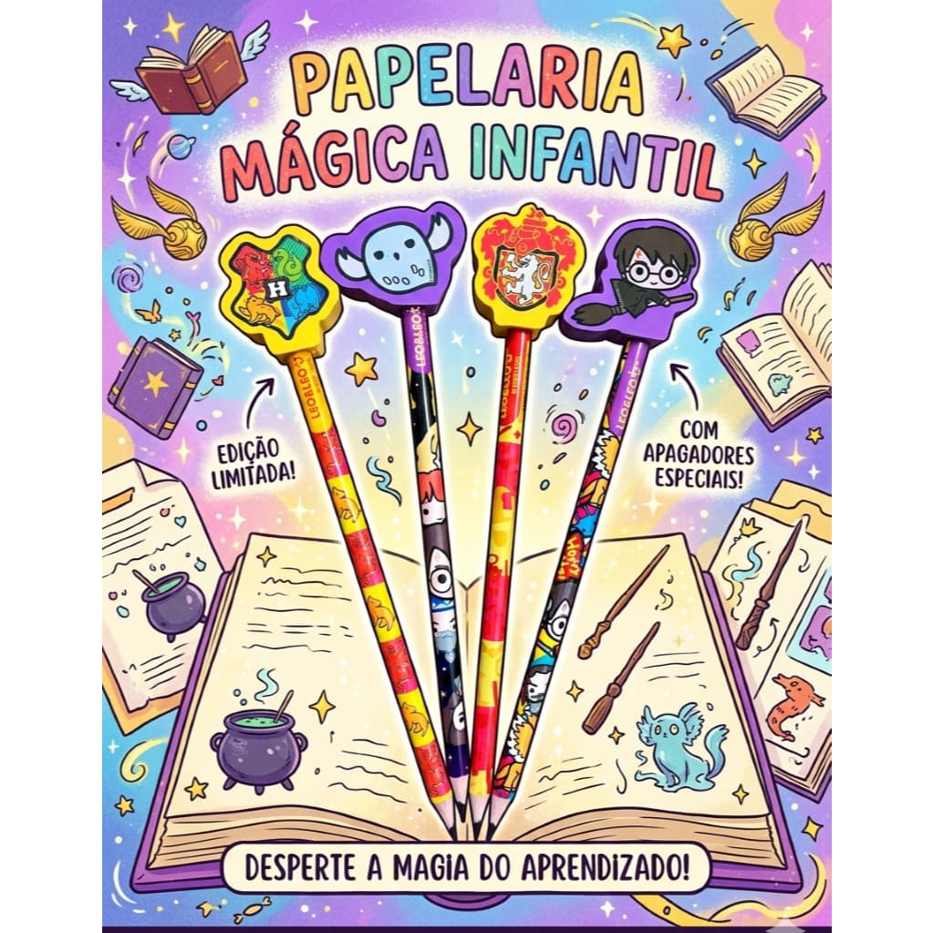 Kit Harry Potter Lápis Preto com Borracha Topo – Modelos Sortidos Presente Hogwarts