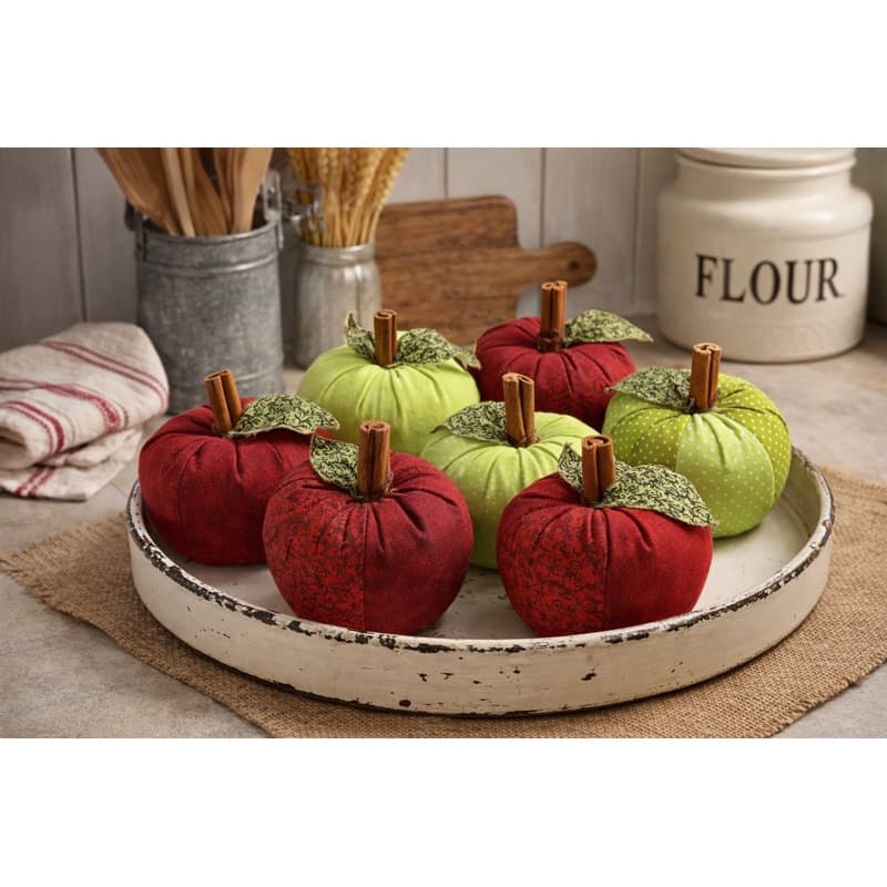 Kit 4 Maçãs Decorativas 10cm em Tecido com Canela Decoração Cozinha Farmhouse Rústica