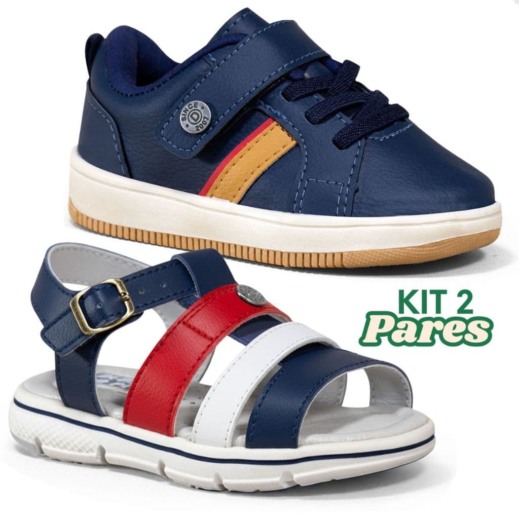 Kit 2 Pares Tênis Infantil Masculino e Papete Menino Conforto Leve Marinho Off White Caramelo Chumbo