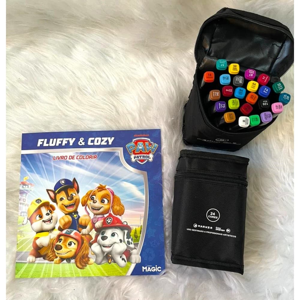 kit canetinhas 24 cores mais  2 livros de colorir Patrulha Canina e Princesa Fluffy e Cozzy infantil