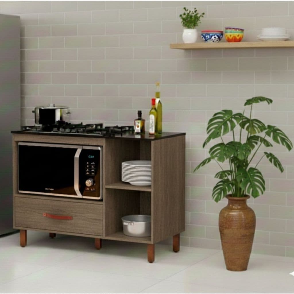 Gabinete Cooktop Com Gaveta e Preteleira Armario Pés De Plastico Anti Umidade Canela