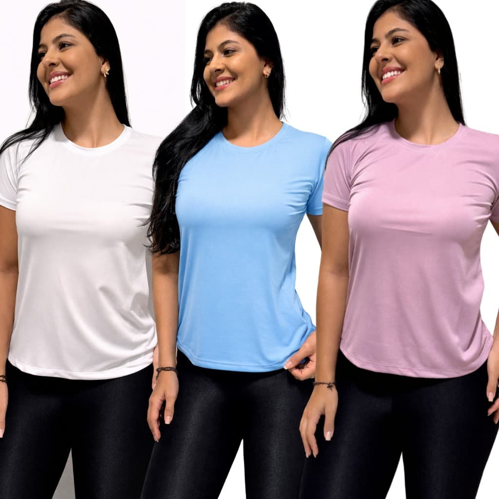 Kit 3 Camisas Dry Fit Feminina Academia Confortável Corrida Dia a Dia Poly UV