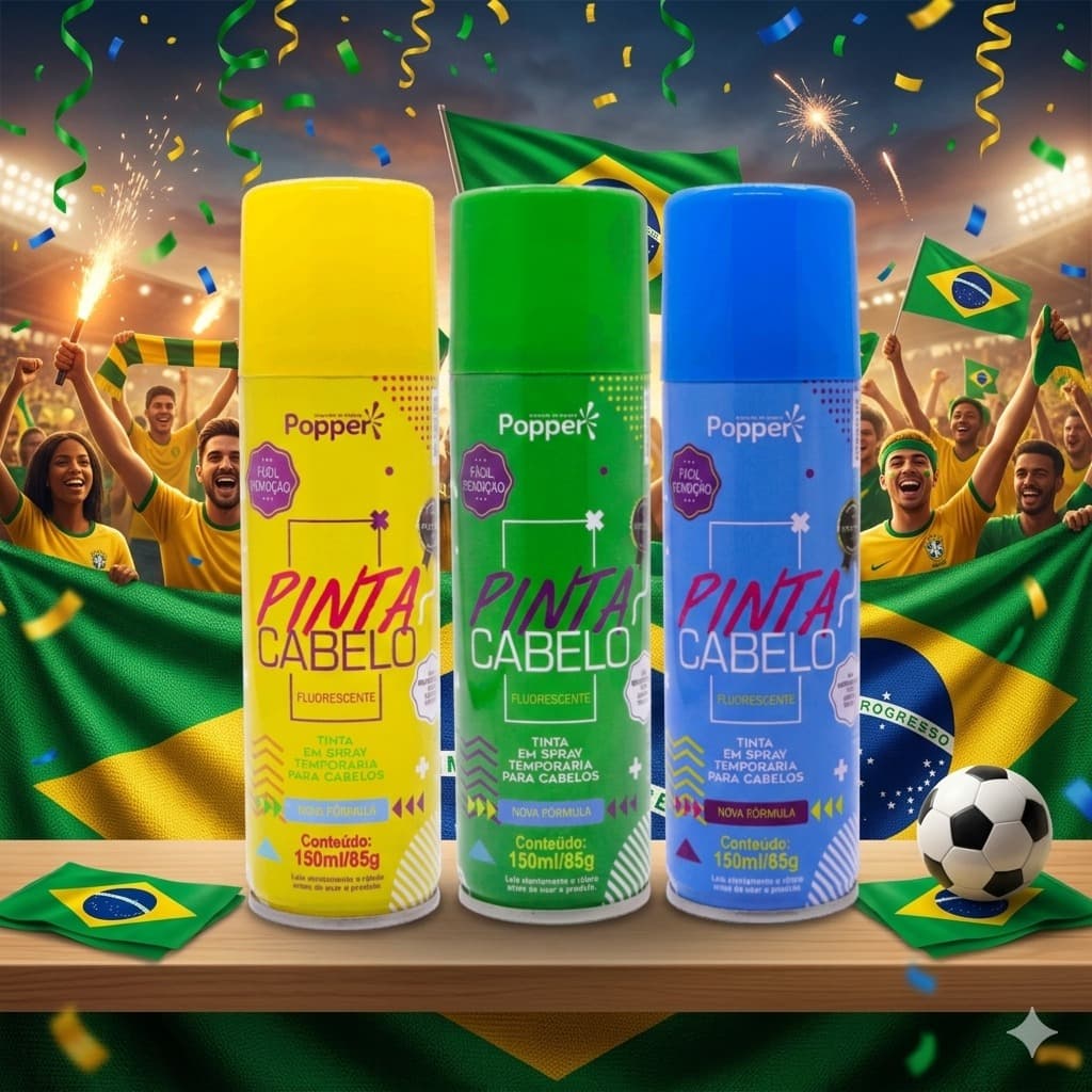 Spray Para Cabelo Copa do Mundo Brasil Torcedor Verde Amarelo Azul Pinta Cabelo Popper Fluorescente Kit 3 unidades