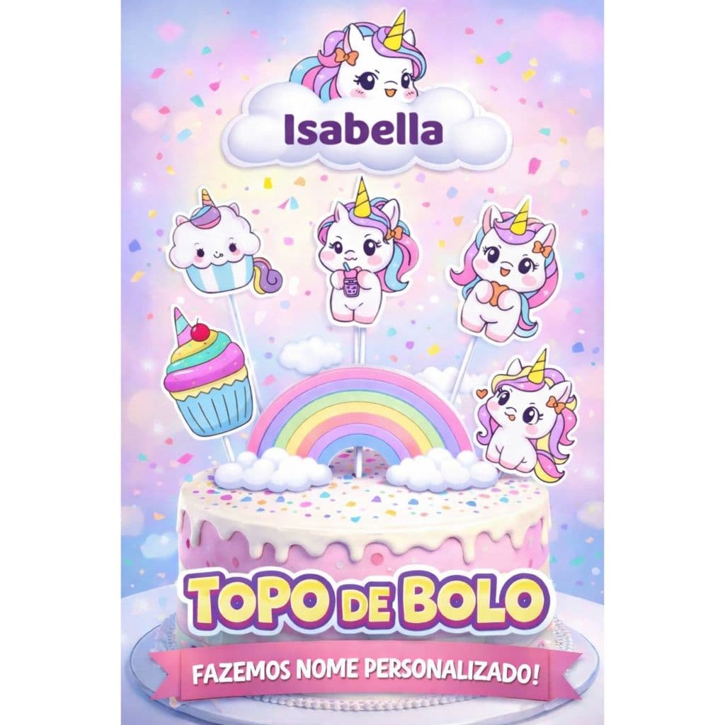 Topo de Bolo Unicórnio Rosa (Topper Personalizado)