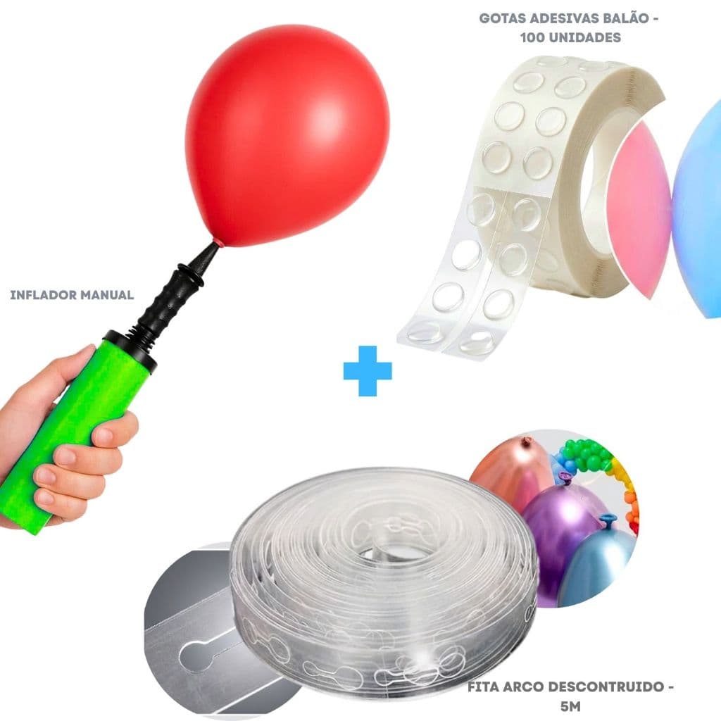 Kit Fita Arco Descontruido 5 Metros + 100 Cola Para Balão + Bomba inflador Manual Balões