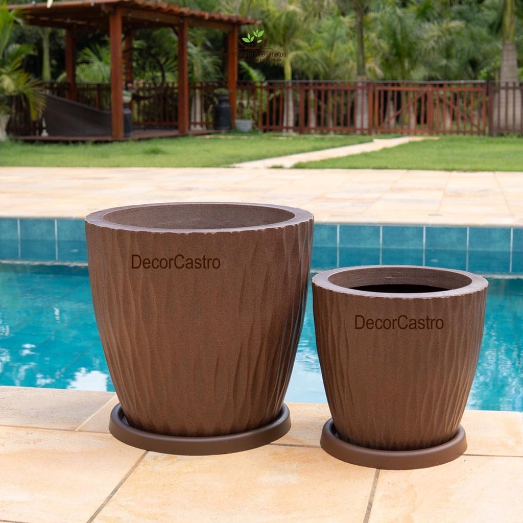 Kit 2 Vasos para Plantas Bojo Horizontal C/Prato P/M em Polietileno Decorativo Jardim Externo