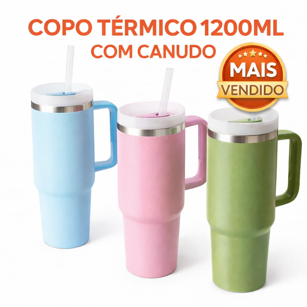 Copo Térmico Inox 1200ml com Tampa e Canudo | Design Moderno Garrafa Isolamento Témico Mantém Gelado Quente