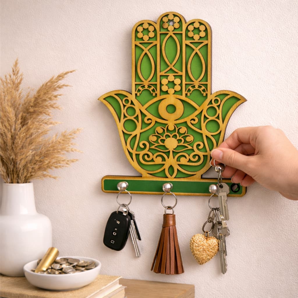 Porta Chaves Decorativo Mão de Hamsa MDF | Organizador de Chaves Parede | Decoração Olho Grego