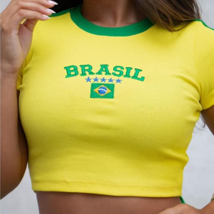 Cropped Feminino Brasil Manga Sem Bojo Copa do Mundo Rio de Janeiro Verão Praia