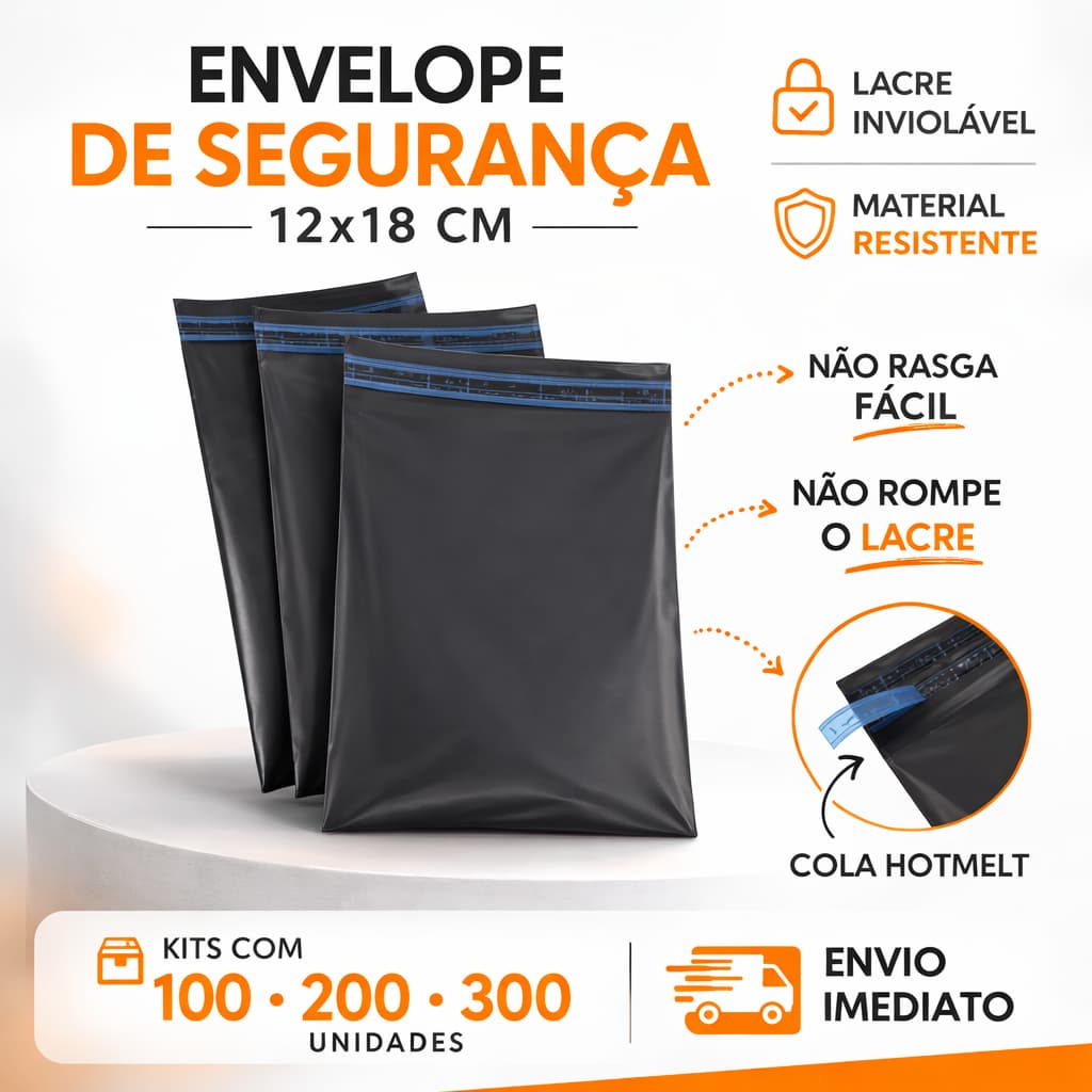 Kit 100, 200 e 300 Envelope De Segurança Embalagem Saco Plástico Envio Tamanho 12x18 E-commerce