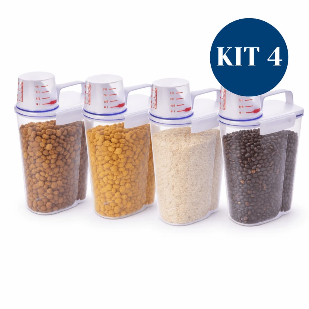 Kit 4 Potes Hermeticos 2l Medidor Arroz Cereal Feijão Ração
