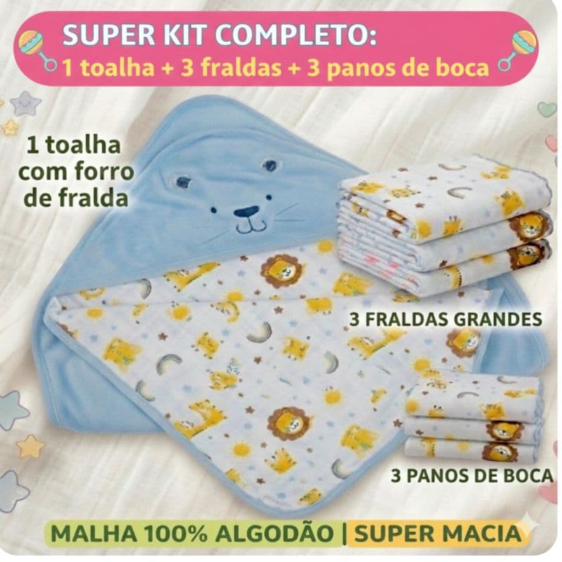 Kit Enxoval Bebê 7 Peças Toalha Com Capuz + 3 Fraldas + 3Panos de Boca 100% Algodão Bublim Incomfral