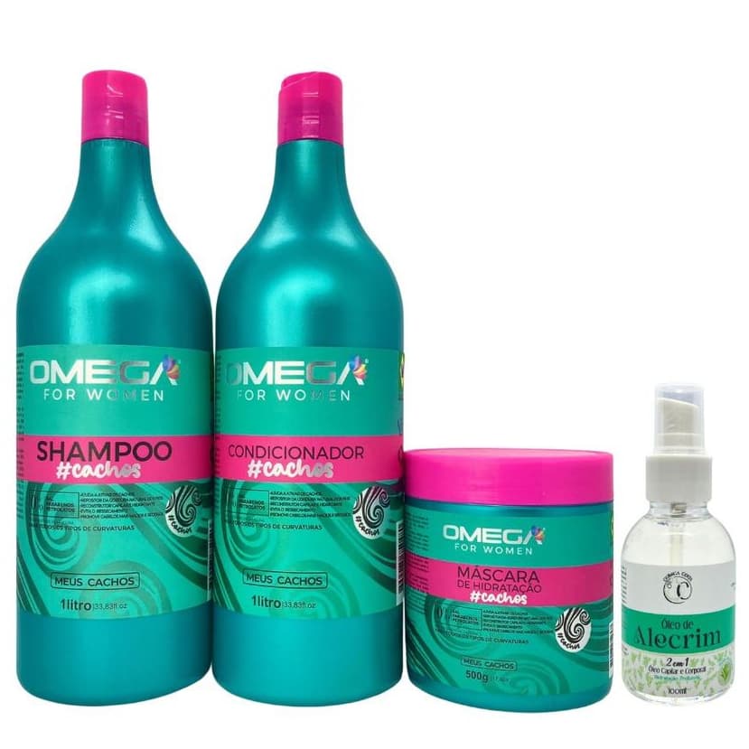 Kit Cabelos Cacheados Shampoo e Condicionador 1L + Mascara + Óleo Capilar e Corporal Omega Hair