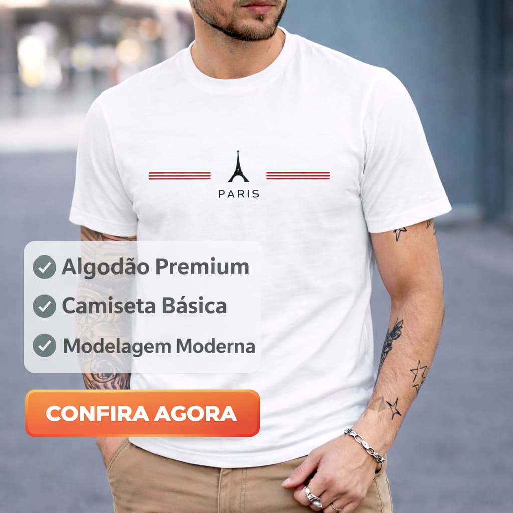 Camiseta camisa masculina básica 100% algodão Paris