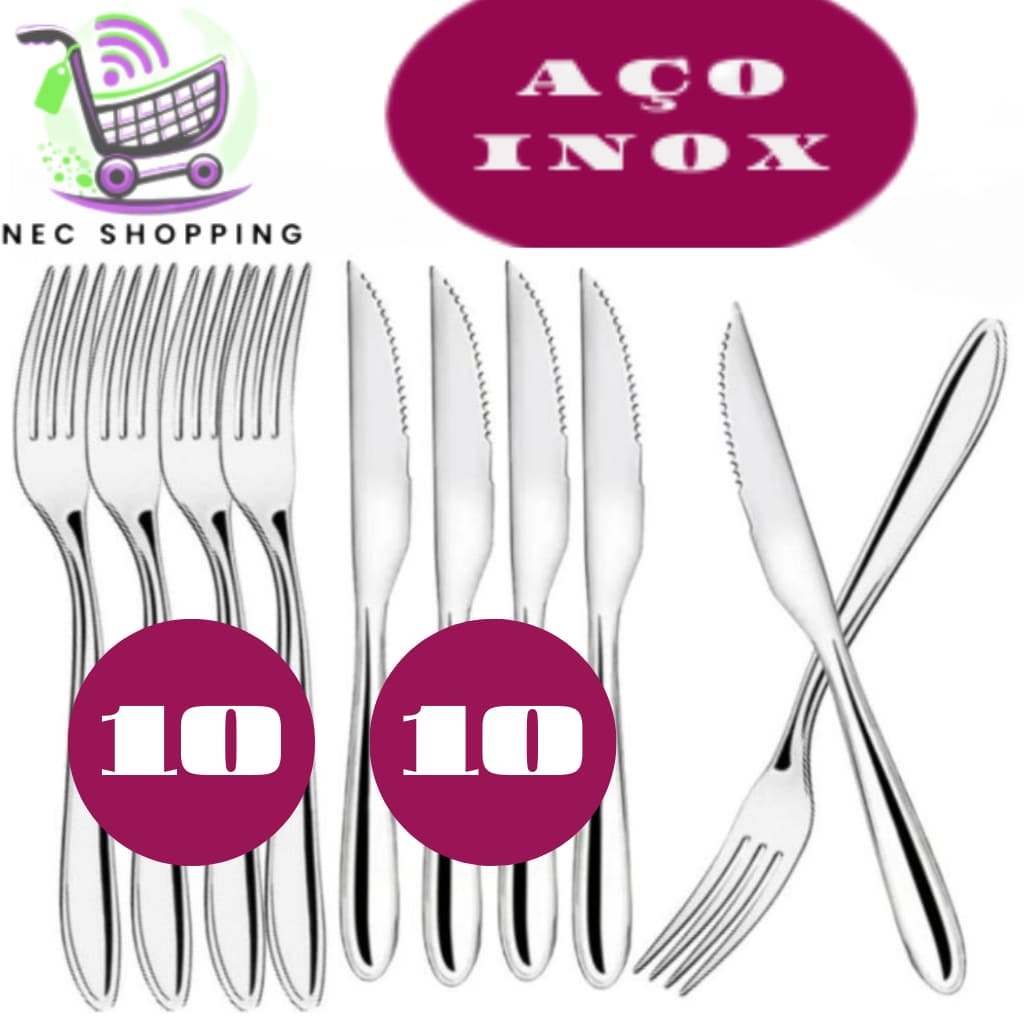 Kit 20 Peças Talheres 100% Inox 10 Garfo 10  Faca  Premium Casa Cozinha Restaurante Banquete Resort