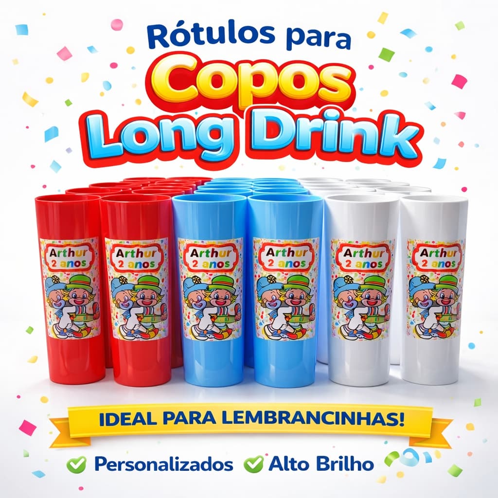 Kit 80 Rótulo Adesivo 10X7  Personalizado para Copo Long Drik, Infantil Aniversário, Lembrancinha