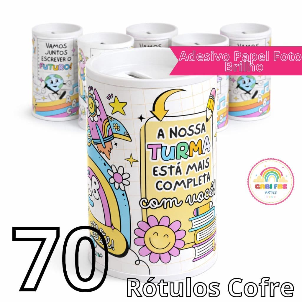70 Rótulos Adesivo Personalizado p/ cofre, Aniversário, Lembrancinha, Cofrinho 9.5X6cm
