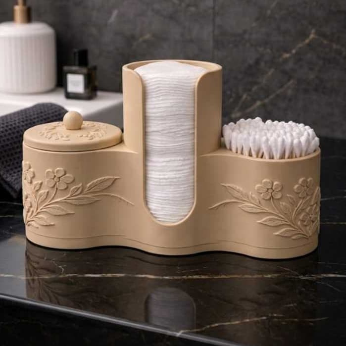 Organizador de Banheiro 3 em 1 Vintage - Porta Algodão, Cotonete e Maquiagem - Estilo Floral Bege