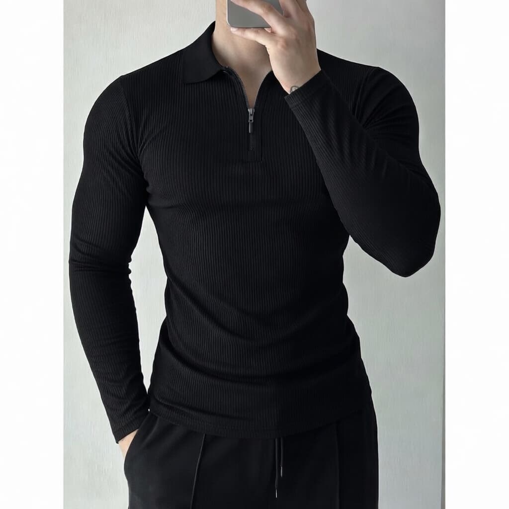 Polo Manga Longa Masculina Canelada Premium Slim com Zíper