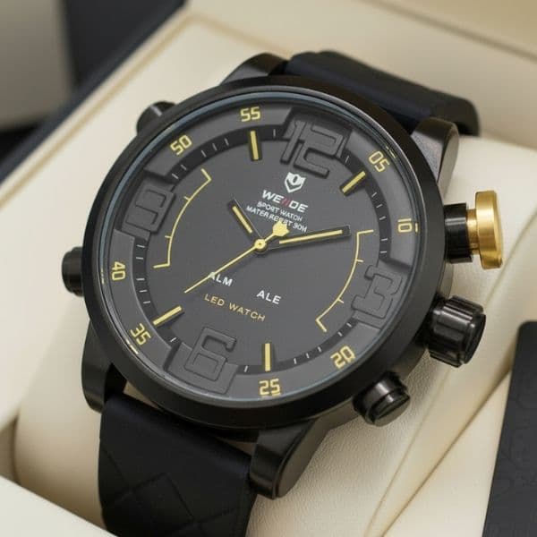 Relógio Masculino Weide WH-5210 Preto Amarelo Analógico Esportivo Resistente à Água, C/ Cronômetro, Garantia 1 Ano.