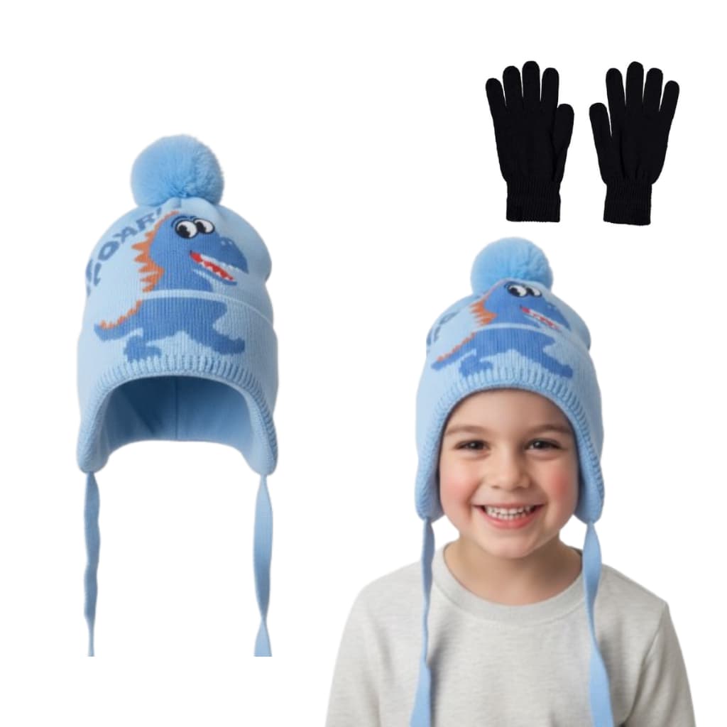 Kit Touca Infantil Inverno Gorro Kids + Luva Preta dinossauro