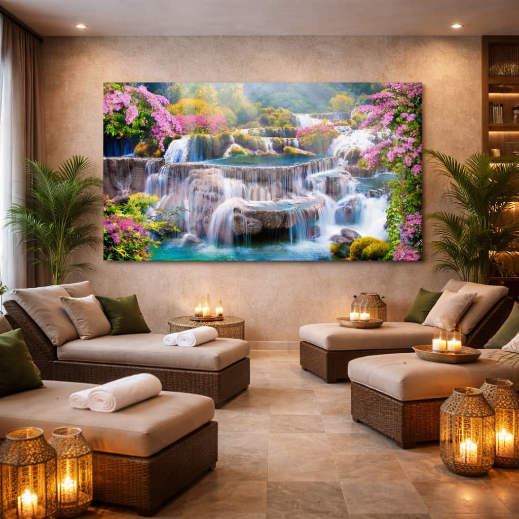 Quadro Decorativo Paisagem Bela de Cachoeiras E Árvores Elegante Natureza Minimalista MDF Grande