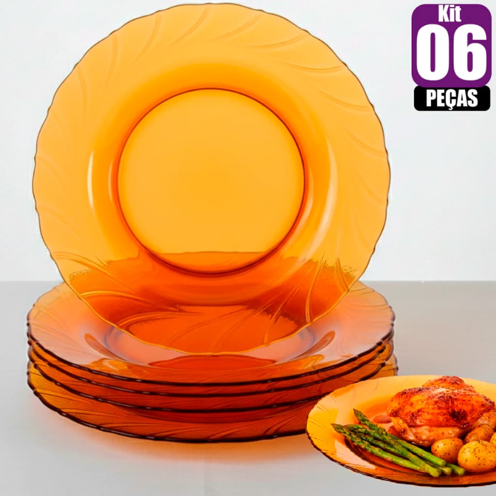 Jogo conjunto 6 Pratos Fundos sopa ambar Solar Vidro 22cm Resistente importado Semelhante a Duralex