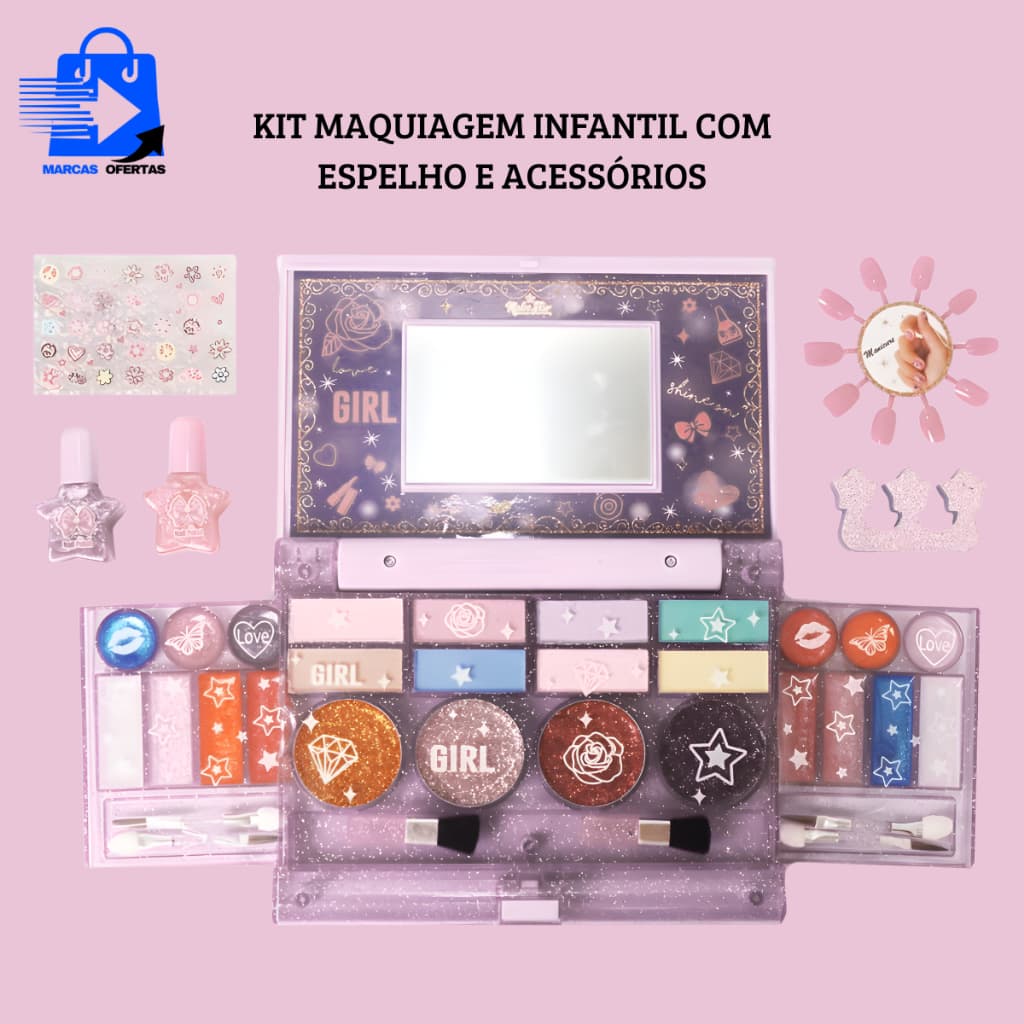 Brinquedo Estojo de Maquiagem Infantil Dobrável com Espelho, Brilhos, Esmaltes e Adesivos para Unhas