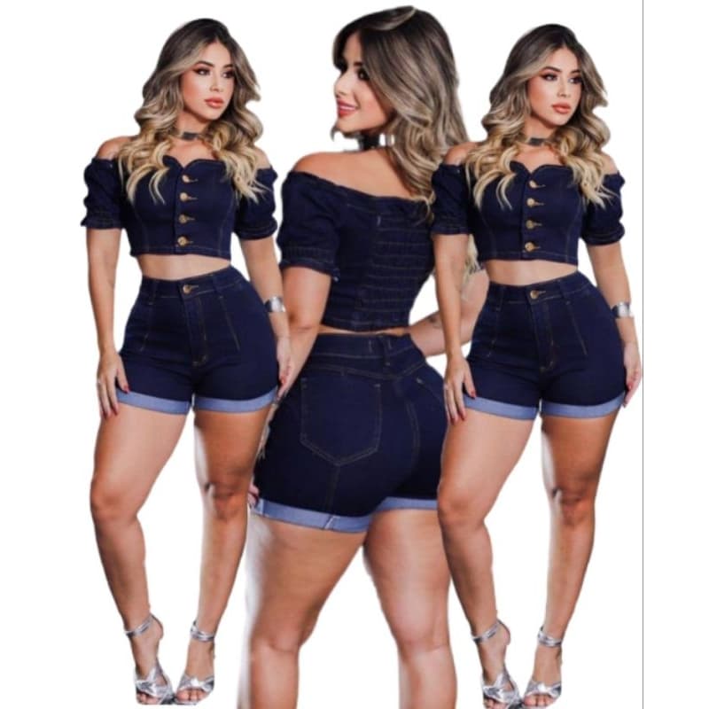 Conjunto Jeans Feminino Short Cintura Alta +Blusa Ciganinha Ombro a Ombro 40/42/44 Promoção