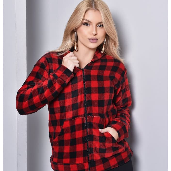 Casaco Feminino Xadrez Inverno Teddy Pelinhos Veludo com Capuz Bolsos e Ziper