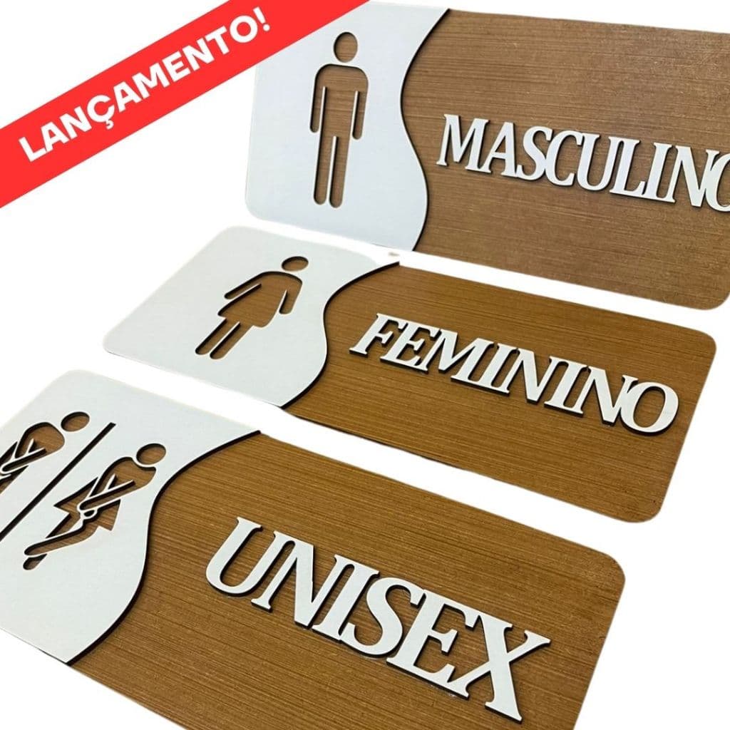 Kit Placa Sanitário Masculino Feminino MDF Porta Banheiro Sinalização Decorativa Casa Loja Comércios