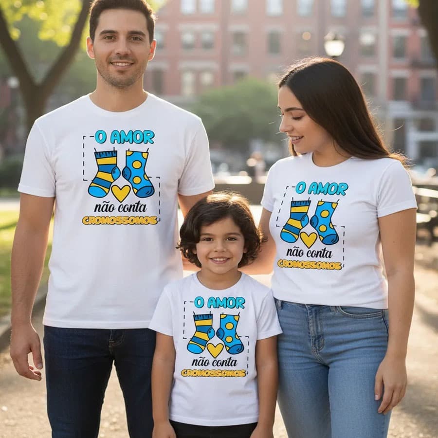 kit 3 camisetas família síndrome de down pai mãe filho(a)