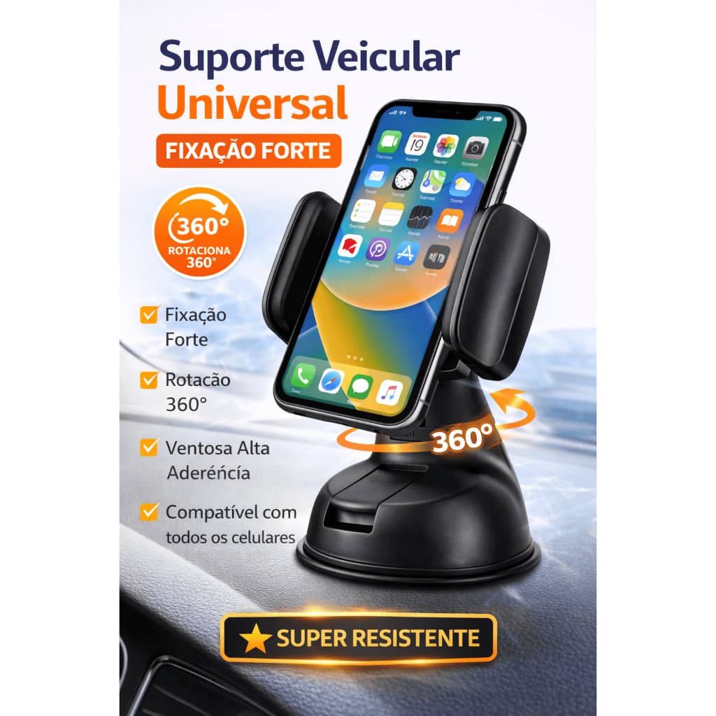 Suporte Veicular UBER Universal para Celular 360° | Fixação Forte Ventosa Alta Aderência | Panela Carro Smartphone GPS