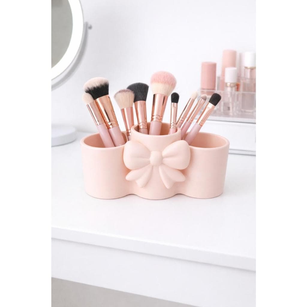 Porta Pincéis / Porta Maquiagem com Laço Decorativo Luxo – Organizador Elegante para Penteadeira