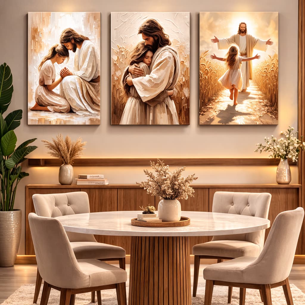 Kit com 3 Quadros Decorativos Religiosos | Jesus Acolhendo Criança | Arte para Sala e Quarto