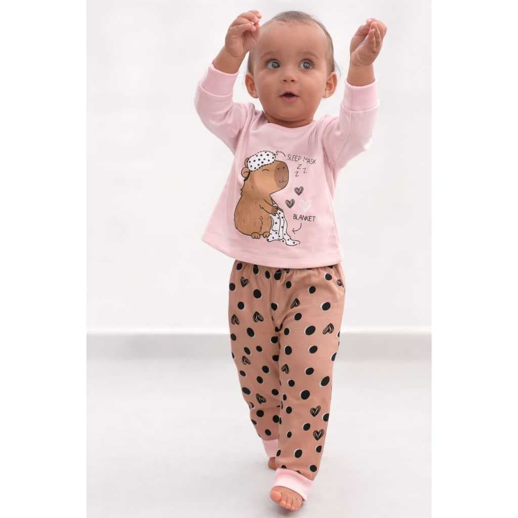 Pijama infantil menina  inverno manga longa  blusa algodão e calça poliéster estampa coruja e capivara brilham no escuro