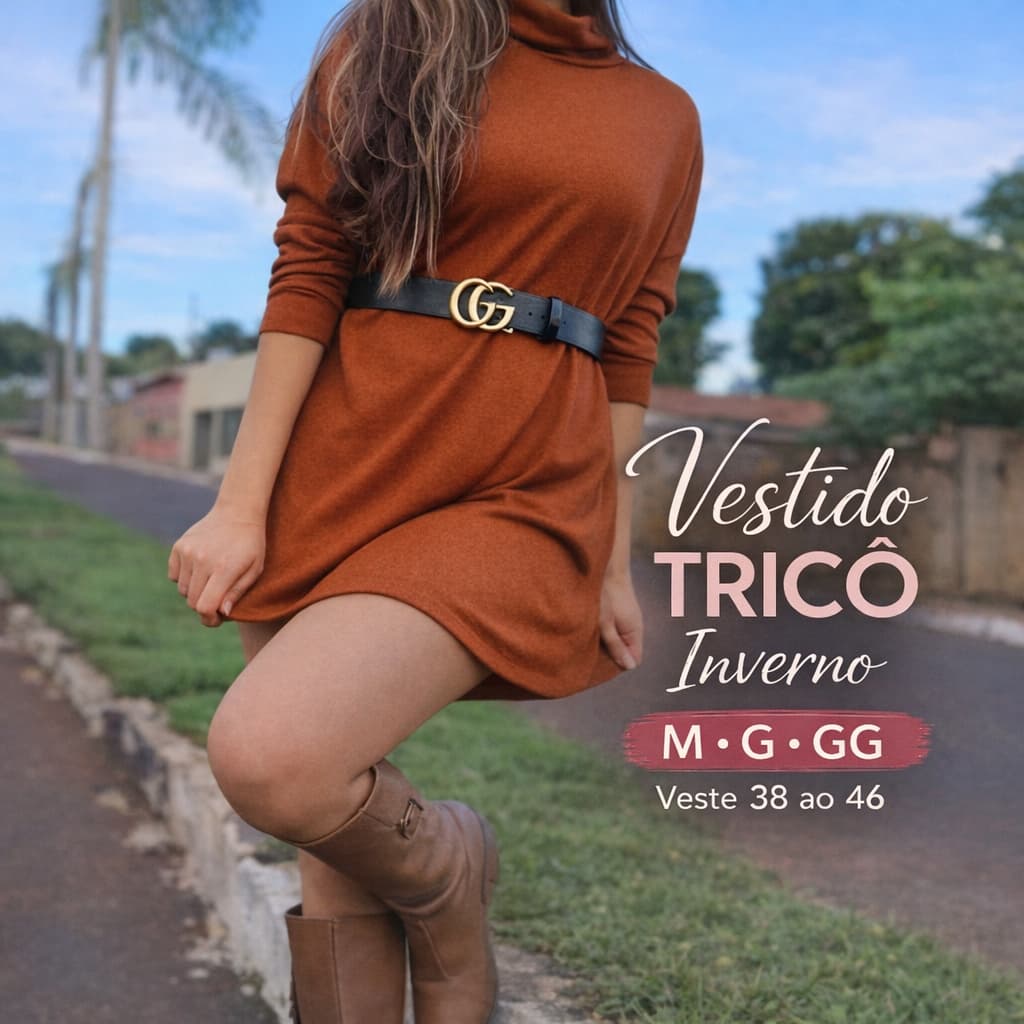 Vestido Poncho Feminino Tricô Gola Alta Manga Longa Inverno