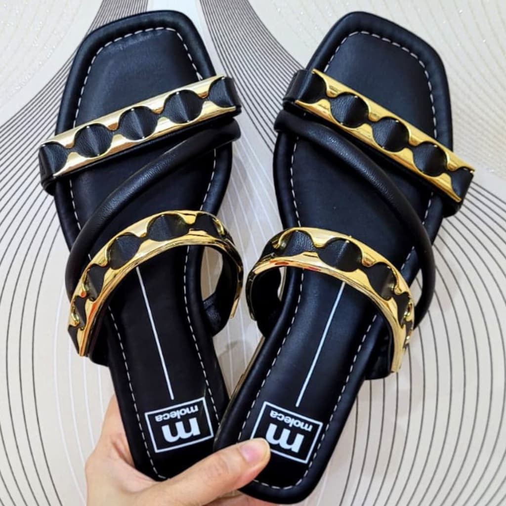 Sandália Feminina Slide Casual Moleca 5559.105 Com Tiras Detalhes Metalizado