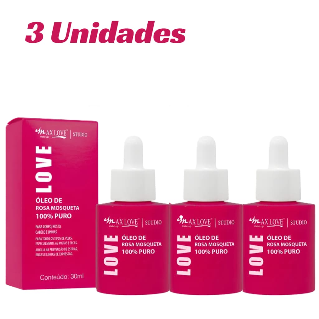 Óleo de Rosa Mosqueta 100% puro Clareador de Manchas Estrias, Espinhas Vegeta Kit 3 unidades Max Love Pele Manchada Acne