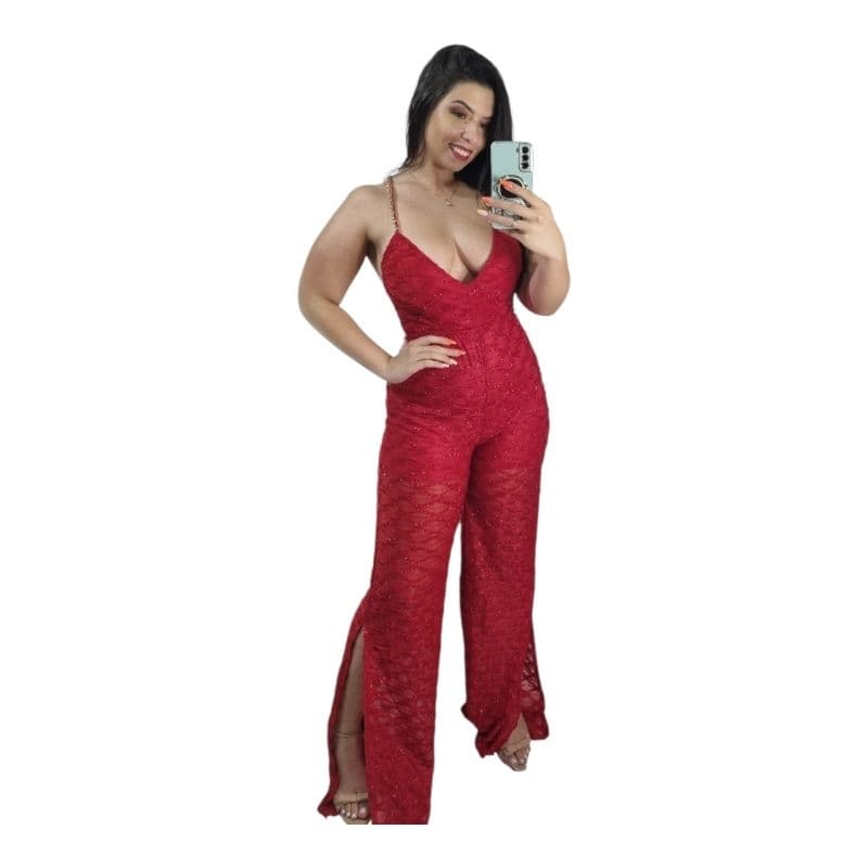 Macacão Longo Feminino Vermelho/Branco-  Festa Luxo Pantalona Com Fenda Brilho Tamanho Único Veste 38 ao 42