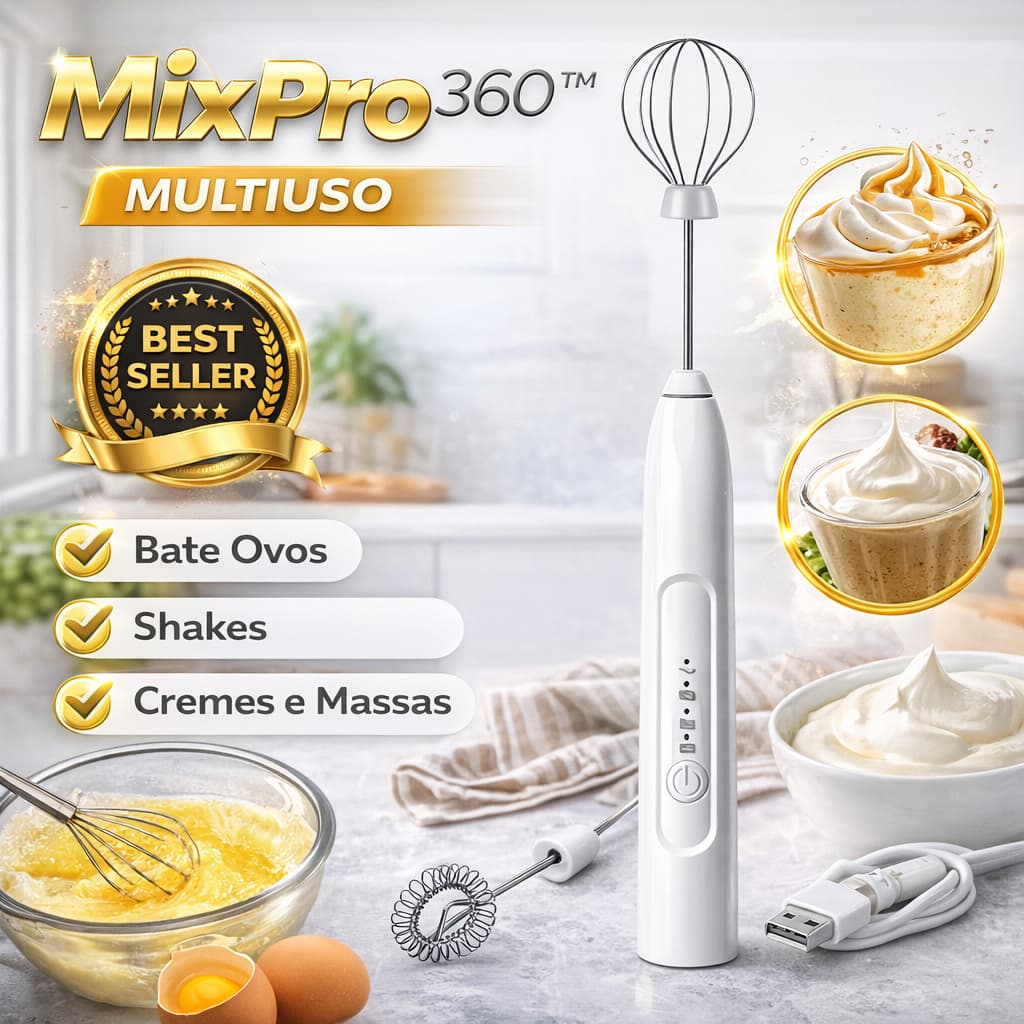 Mixer Elétrico Recarregável Bivolt MixPro 360™ Multiuso para Ovos, Cremes, Milkshake e Massas