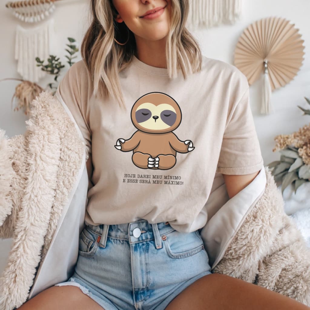 Camiseta Feminina Casual Algodão Estampa Divertida Preguiça Kawaii Frase Engraçada Motivacional