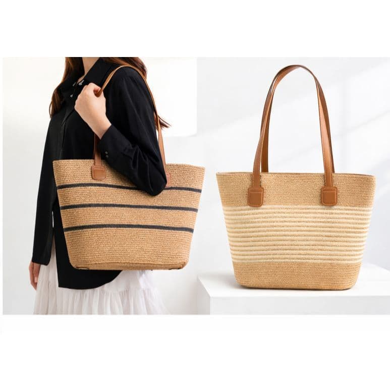 Bolsa Feminina De Praia Verão Grande De Ombro Listra Tote Moda Palha