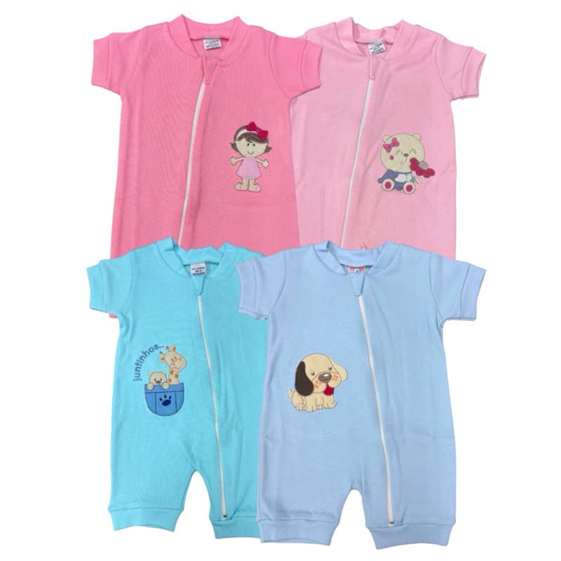 Kit 2 Macacões Bebê Curto com Zíper Bordado 100% Algodão Mais Vendido