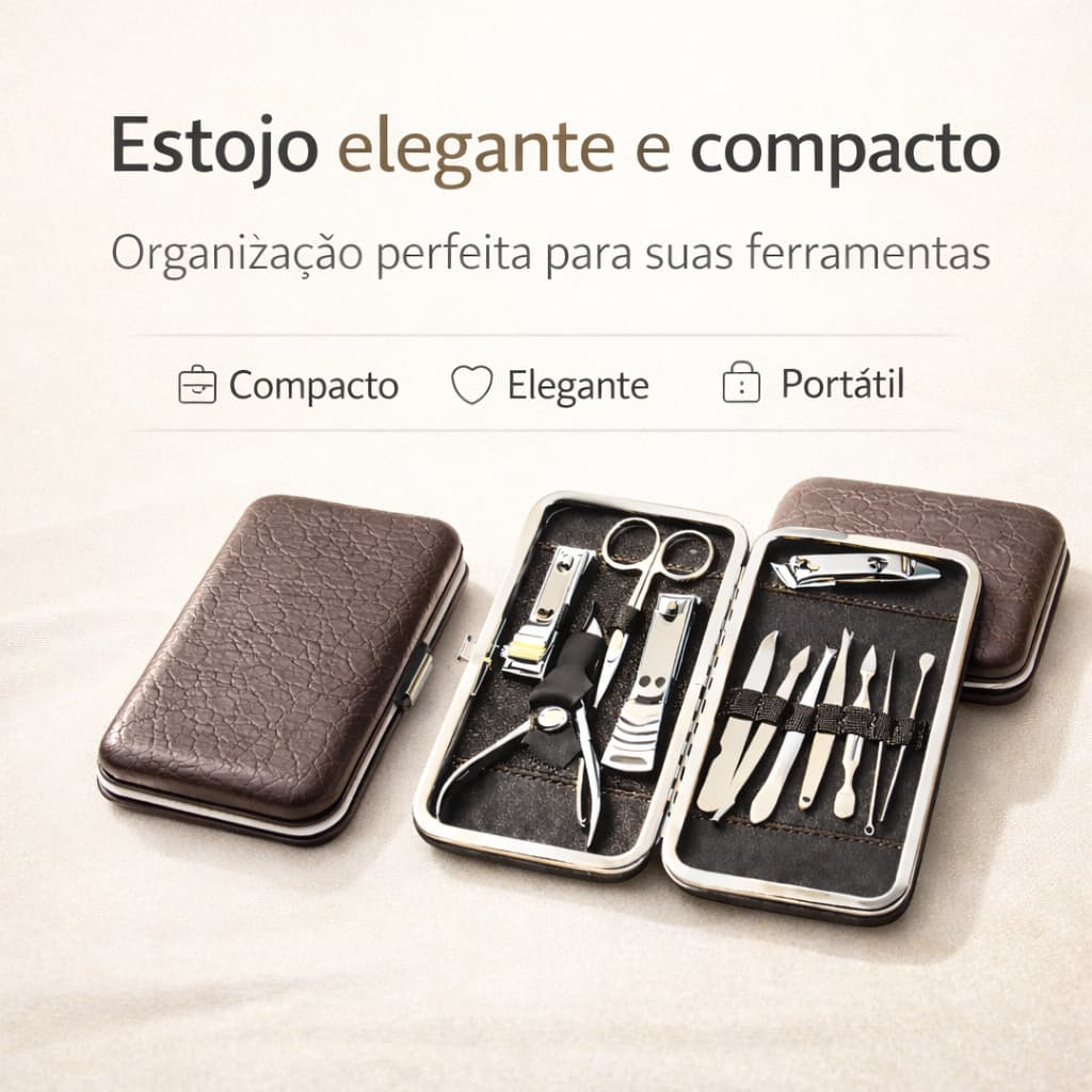 Kit Manicure 12 Peças Profissional Aço Inox com Estojo Estampado Portátil Pedicure Completo
