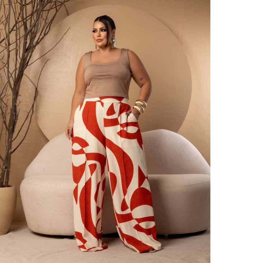 Calça Pantalona Feminina Plus Size com Elastico na Cintura Duna Estampada 46 Ao 52