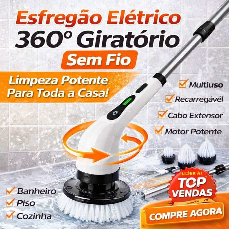 Esfregão Elétrico Giratório 360° Recarregável Sem Fio – Limpeza Potente Sem Esforço